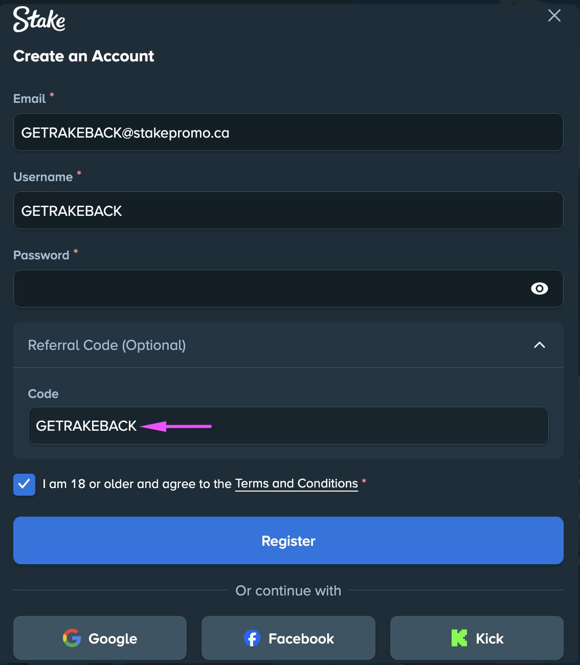 Stake registration form showing the Referral Code (Optional) field with promo code GETRAKEBACK